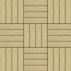Natural Light Wood Grain Decking Tile Pattern. Seamless Basket Weave Wood Floor Texture. Exterior or Interior Flooring Background.