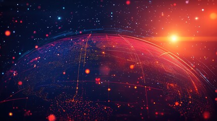 Global network displaying glowing connections and lines across a digital earth, representing data flow, communication, and technological advancement in space