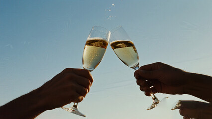 Two hands clinking champagne glasses