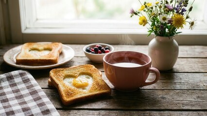 Obraz premium Heart-shaped toast with egg sits beside a pink cup of milk and a bowl of fresh berries on a rustic wooden table, complemented by a vase of wildflowers, evoking a warm and inviting breakfast setting