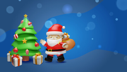 Festive 3D Christmas illustration Santa Claus with gifts Christmas tree on a blue background. Promotions, greeting cards, banners, social media posts, seasonal advertising, winter celebration designs.