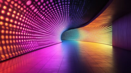 Illuminated corridor displaying a dynamic light pattern from changing led colors along curved walls and ceiling, providing a modern, futuristic, and technological background