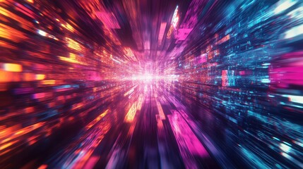 Digital data stream traveling through a futuristic tunnel, creating an abstract concept of high speed information flow, big data, and a connected virtual reality network