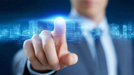 Business professional touching a glowing virtual interface with data icons and blue light, shallow depth of field. Concept of digital transformation, innovation analytics fintech, & future technology