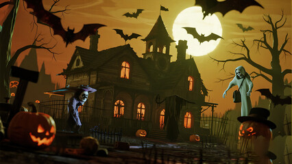 Haunted house with bats and pumpkins at night