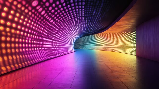Illuminated corridor displaying a dynamic light pattern from changing led colors along curved walls and ceiling, providing a modern, futuristic, and technological background - Powered by Adobe