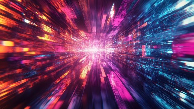 Digital data stream traveling through a futuristic tunnel, creating an abstract concept of high speed information flow, big data, and a connected virtual reality network