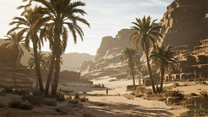 Desert oasis with palm trees and rocky cliffs