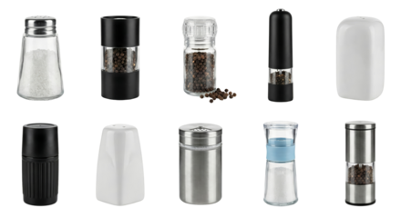 Collection of various spice shakers and containers isolated on transparent background