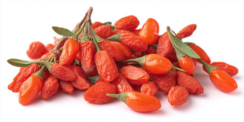 Vibrant pile of dried goji berries with green leaves