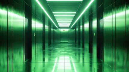 Empty long futuristic corridor presents a symmetrical perspective, featuring reflective metallic walls and floor, creating an immersive, hi tech atmosphere with vibrant green neon illumination