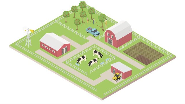 Agricultural industry isometric composition with house, hangars,farm buildings, machinery and farmlands. Livestock farming and gardening.