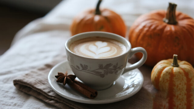Coffee cup with pumpkins and spices