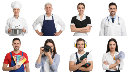diverse professionals representing healthcare culinary creative arts and photography isolated on