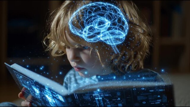 A child reading a book with digital brain graphics overlay. Captured from a front angle, this video blends education with futuristic tech visuals