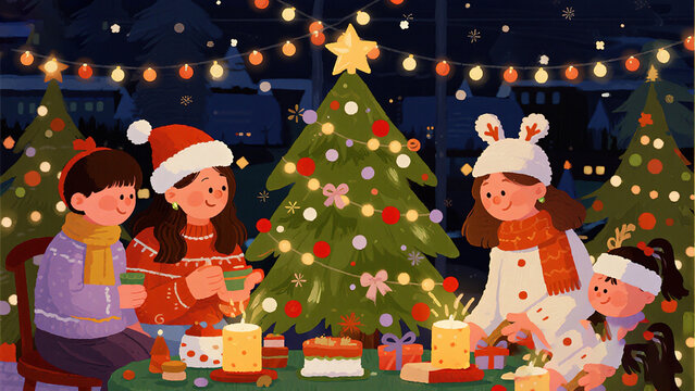 happy family decorating christmas tree