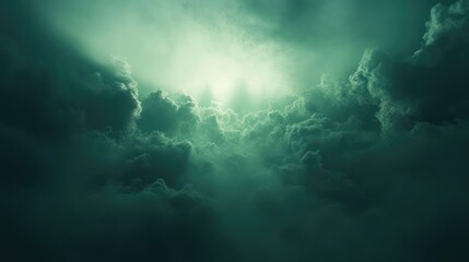 Obraz premium Dramatic teal clouds filling the sky, with bright light rays powerfully piercing through the dense, dark atmosphere, creating a feeling of hope and mystery