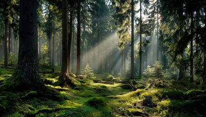 Naklejka premium Tranquil Spring Forest With Stunning Sun Rays: A Perfect Wanderlust Destination In The Serene Wilderness Of Nature.