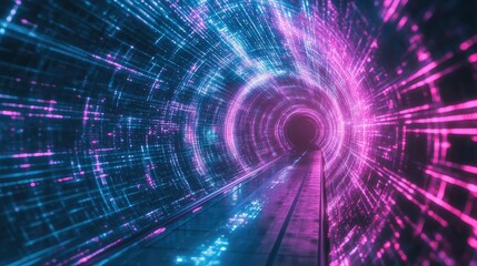 Glowing abstract data tunnel in blue and purple, streaming binary and particles through a futuristic network grid to depict ai, big data, high speed information transfer and connectivity