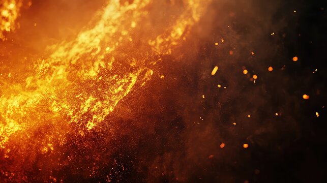 Fiery abstract background with exploding embers and glowing orange red textures conveying intense heat, energy, destruction, sparks, smoke and chaotic molten power