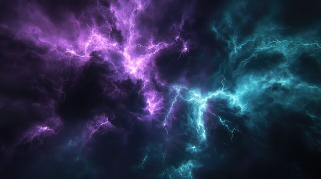 Dynamic colorful electric storm creating an energetic background with bright teal and magenta lightning bolts illuminating dark, abstract cloud formations