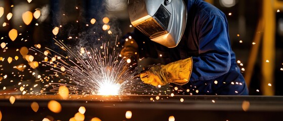 Welder in mask working on metal with sparks flying in a dark factory setting during industrial project