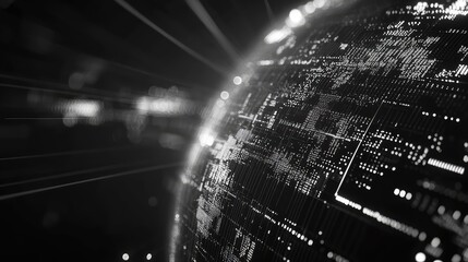 Digital abstract sphere creating a global network of data and electronic circuits, symbolizing modern technology, communication, and big data flowing through interconnected systems