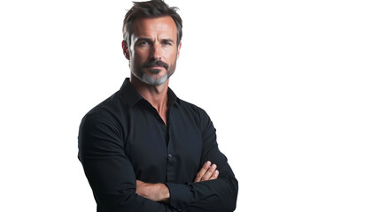 Confident handsome businessman in a black shirt with crossed arms, isolated on transparent background