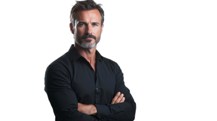 Confident handsome businessman in a black shirt with crossed arms, isolated on transparent background