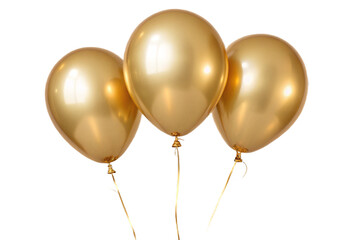 Isolated image of three full, shimmering gold balloons floating upwards, representing joy and high-end events