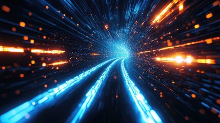 Abstract tunnel representing high speed data transfer and broadband connection, with blue and orange light streams flowing along a curved digital pathway in a futuristic concept