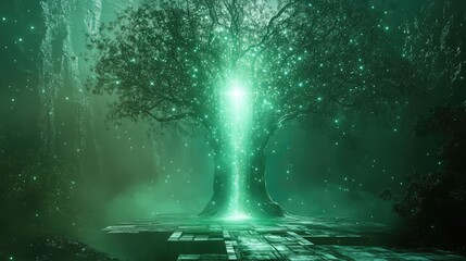 Naklejka premium Large ancient tree standing on a technological platform, radiating a vibrant green light and sparkling particles in a dark, ethereal forest environment