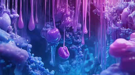 Abstract purple and blue organic shapes with glossy texture flowing and dripping, forming an otherworldly biological or chemical structure with a vibrant, luminous neon light
