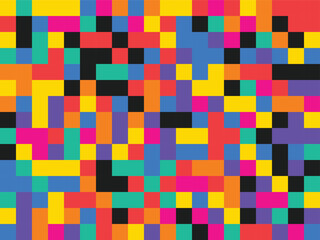 A highly colorful and pixelated mosaic pattern composed of various bright hues and blocks of different colors, creating a visually striking and dynamic image.