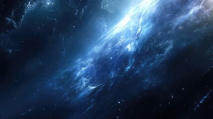 Cosmic nebula forming a vibrant blue light and intricate patterns across the universe, showing glowing gas, cosmic dust, and countless distant stars in deep space