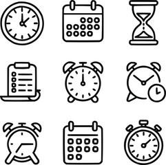 Time Management Icon Set  Black Outline Vector Collection