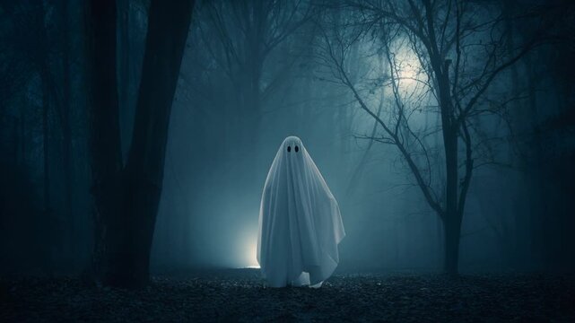 Scary ghost in white sheet haunts spooky dark forest at night. creepy, eerie figure in misty woods creating mysterious, paranormal and frightening atmosphere