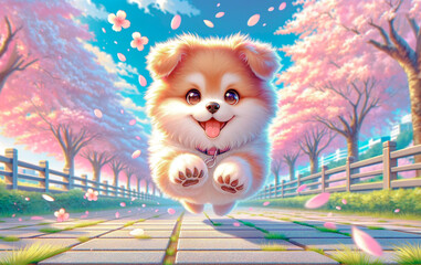 満開の桜並木を笑顔でジャンプして走る犬。春イメージ