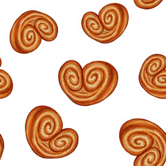 Watercolor seamless pattern with a variety of baked goods. Perfect for bakeries, coffee shops, packaging, branding, menu and design, cookbooks, and recipes. Hand-drawn bakery background.