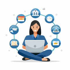 Businesswoman with laptop connecting to a social network concept via computer technology and mobile communication