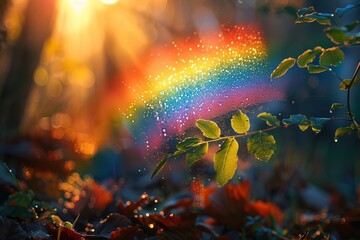 Fototapeta premium Rainbow light reflecting on forest leaves and dewdrops
