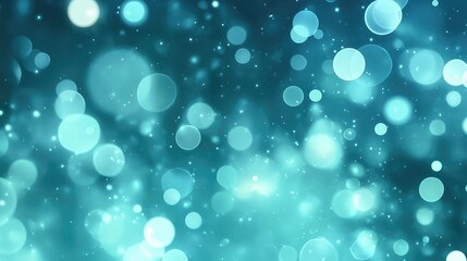 Teal blue abstract bokeh background with glowing circles and sparkling particles creating a shimmering, dreamy festive atmosphere for holiday, celebration, or modern design use