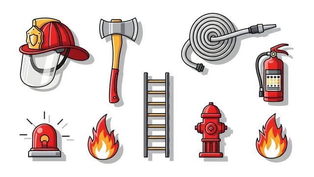 firefighter equipment icon illustration, fire safety tools and gear icon, fire department emergency icon set, firefighting tools colorful illustration, abstract vector illustration