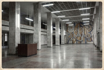 A vast, empty lobby of an abandoned Soviet-era building. Brutalist architecture with marble columns, polished floors, and a monumental mosaic wall.