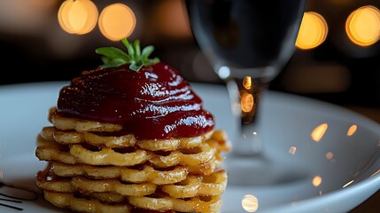 Elegant layered dessert with glossy red berry sauce and fresh mint garnish on white plate with wine glass and warm bokeh lighting for fine dining.