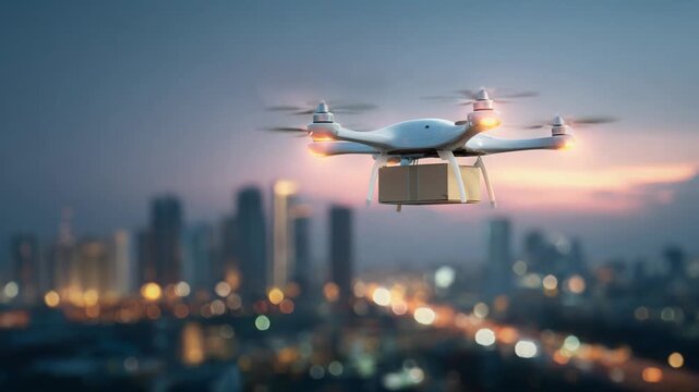 Futuristic drone delivery carrying package over urban city at night. vision of modern transportation technology for autonomous shipping and future logistics