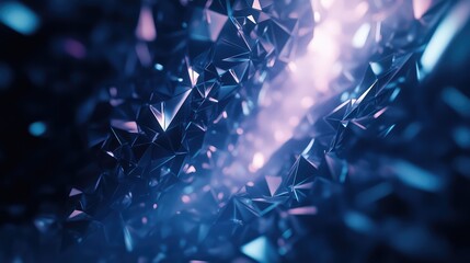 Abstract geometric polygons form an intricate blue purple pattern with glowing reflections and faceted surfaces, a futuristic digital backdrop for data, tech and network visualization
