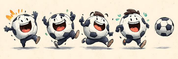 Set of vintage soccer ball mascots in action with happy expressions, for sports and event graphics