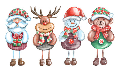 Santa claus, reindeer, bear and snowman. Watercolor illustration