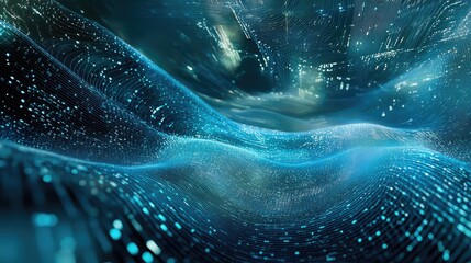 Digital data particles and glowing lines dynamically forming a futuristic abstract network surface, visualizing concepts of technology, connectivity, big data, and artificial intelligence